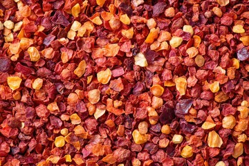 Close-up view of colorful dried spice pieces, ranging in shades of red, orange, and yellow.  Small, irregular shapes tightly packed