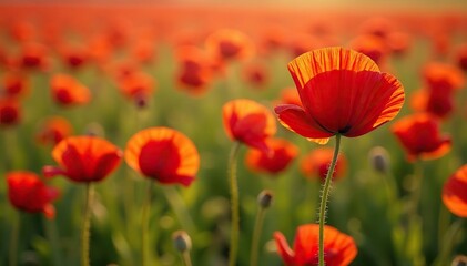 Obraz premium Bold poppy field, vibrant red petals, swaying stems, vibrant floral, red