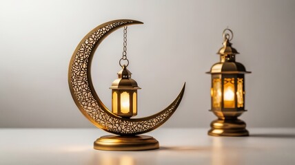 Golden Crescent Moon with Hanging Lantern Islamic Art and Festive Decor