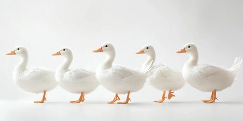 Obraz premium Ducks with realistic foot placement and feather layering, white background.