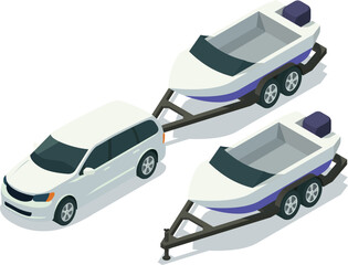 Isometric car towing boat on trailer