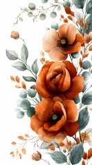 Watercolor painting of burnt orange roses and eucalyptus leaves on white background