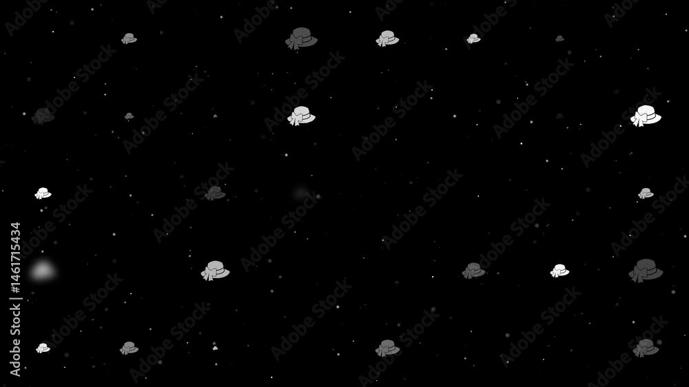 Poster template animation of evenly spaced women's hat symbols of different sizes and opacity. animation of