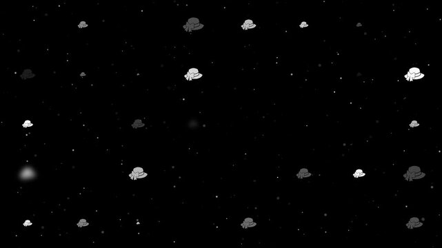 Template animation of evenly spaced women's hat symbols of different sizes and opacity. Animation of transparency and size. Seamless looped 4k animation on black background with stars