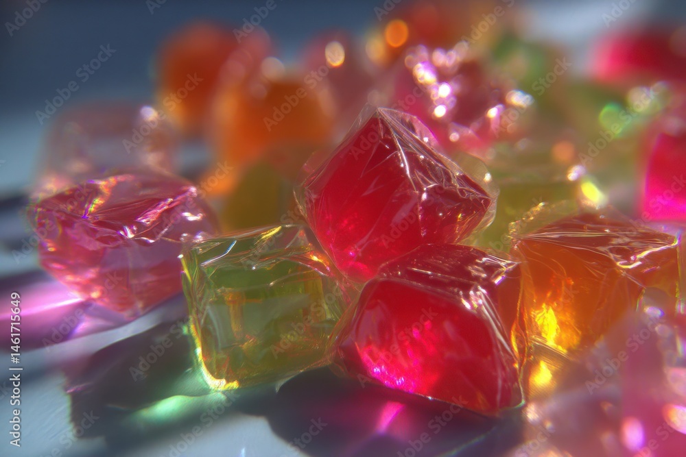 Poster close-up shot showcasing a group of assorted wrapped candies with vibrant colors on a light surface,