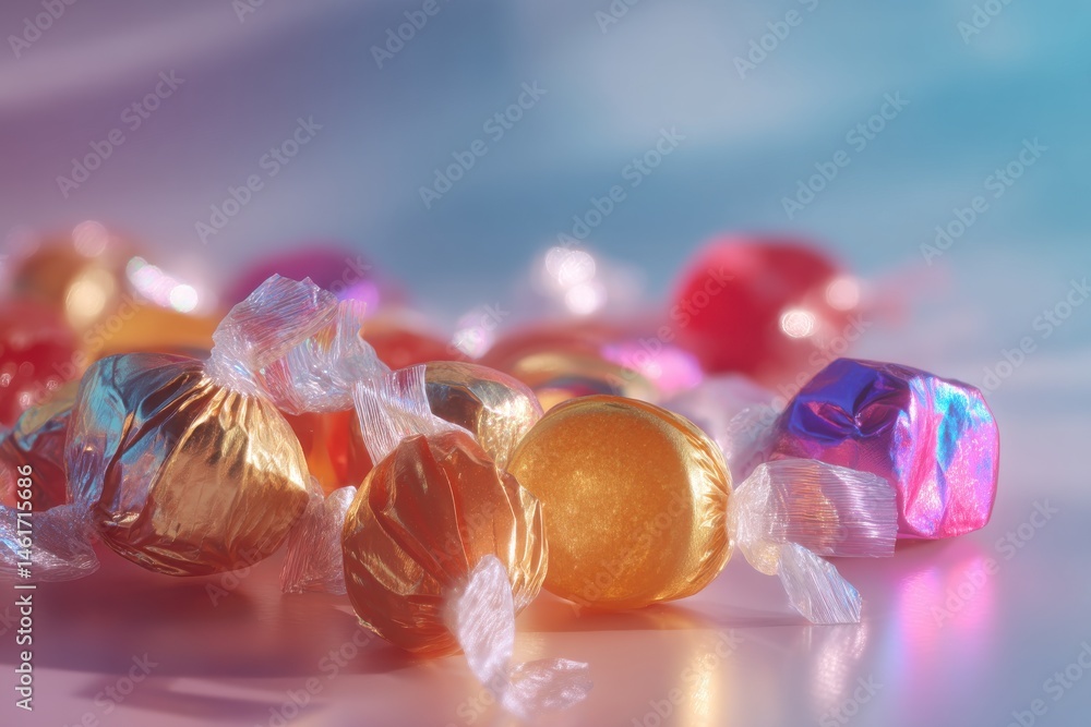 Poster close-up shot showcasing a group of assorted wrapped candies with vibrant colors on a light surface,