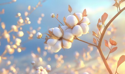 Cotton plant close-up with fluffy bolls and delicate leaves against soft blue sky
