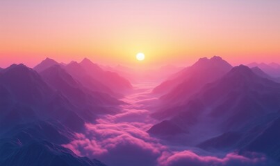 Stunning sunrise over misty mountains with vibrant pink and purple hues