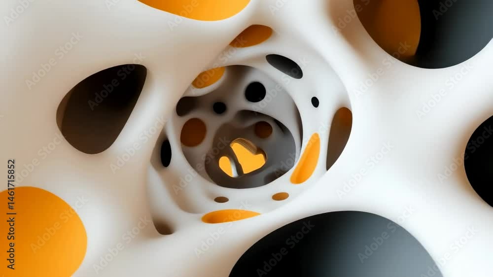 Poster intricate abstract design with swirling patterns in orange and black hues within a futuristic spiral