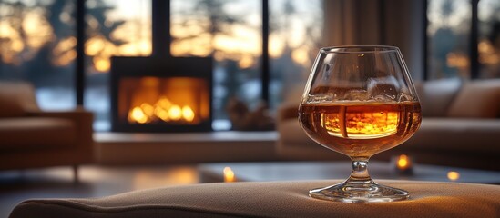 Cozy Evening by the Fireplace: A Glass of Amber Liquid