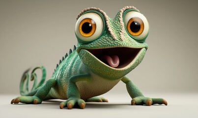 Cute cartoon chameleon with big eyes and playful expression on neutral background