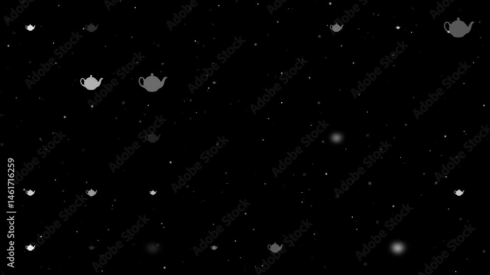 Poster template animation of evenly spaced teapot for tea symbols of different sizes and opacity. animation
