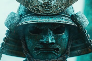 Obraz premium Close-up view of a weathered samurai helmet and mask.