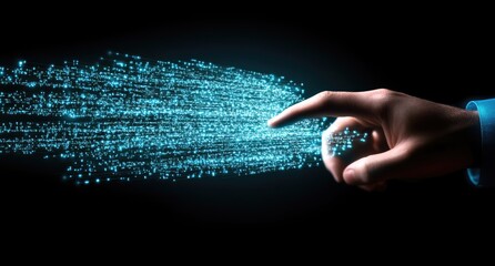 A hand interacts with a digital stream of data.  Light-blue data points flow from the fingertip, creating a dynamic visual representation of information transfer or processing