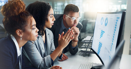 Employees, computer and night for finance, chart and planning on screen for data analytics....