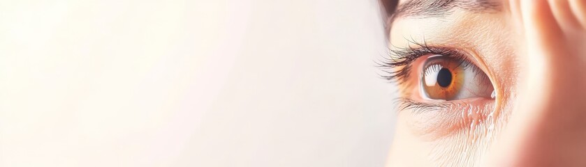 Fototapeta premium Close-up of a human eye looking outward, with detailed eyelashes and skin texture, set against a light background.