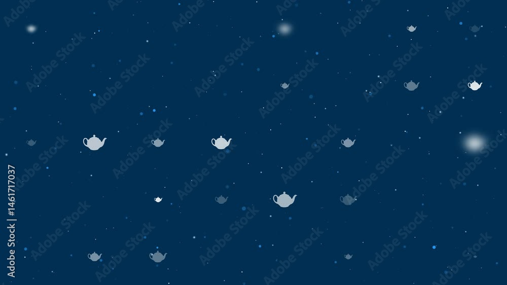 Poster template animation of evenly spaced teapot for tea symbols of different sizes and opacity. animation