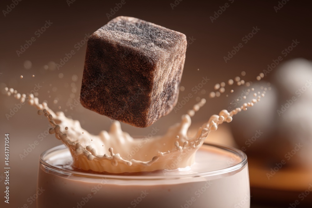 Poster an appealing close-up of a chocolate cube falling into a glass of creamy milk creating a mesmerizing