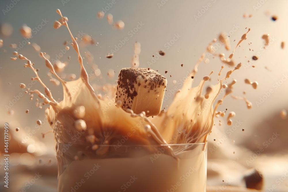 Poster a splash of decadent caramel milk, with a gourmet cocoa cube diving into the glass, creating a visua