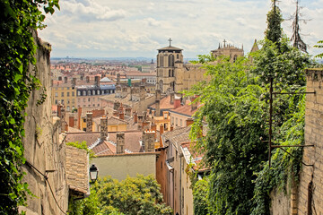 High angle view on the historical center of the the city of Lyon, France, on a cloudy summerday 