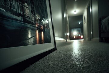 A dramatic framed picture of a car on a wet city street in a dim hallway, with an additional car faintly visible at the end of the hall, creates depth and mystery.