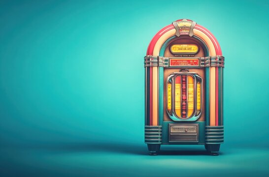 A vintage 1960s jukebox illustration set against a turquoise background