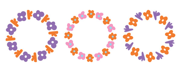 Bright purple, orange, and pink floral wreaths add vibrant charm to party decor, invitations, modern crafts, and stylish artistic floral compositions.