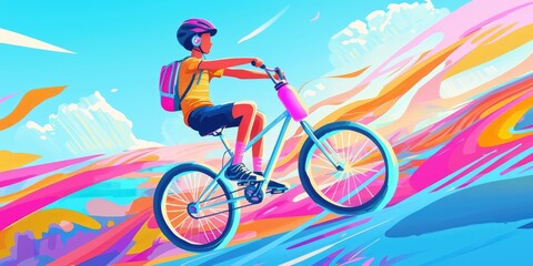 Fototapeta premium Editorial illustration of a sports culture icon: boy on bike with pastel juice bottle and wireless headphones, skimming across neon fields.