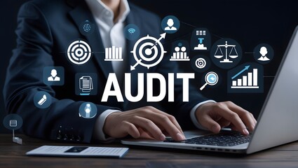 Business Audit and Compliance. Businessman conducts business audit using laptop with digital icons representing compliance, target goals, and data analysis. Standard certification, Quality control,
