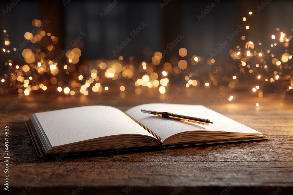 Poster open notebook with blank pages and a pen, set on a rustic wooden table, surrounded by blurred sparkl