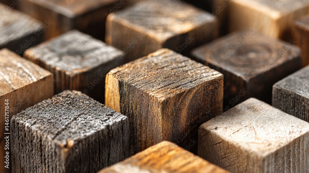 Poster close-up of wooden blocks arranged in a pattern, showing texture and grain, studio shot for backgrou