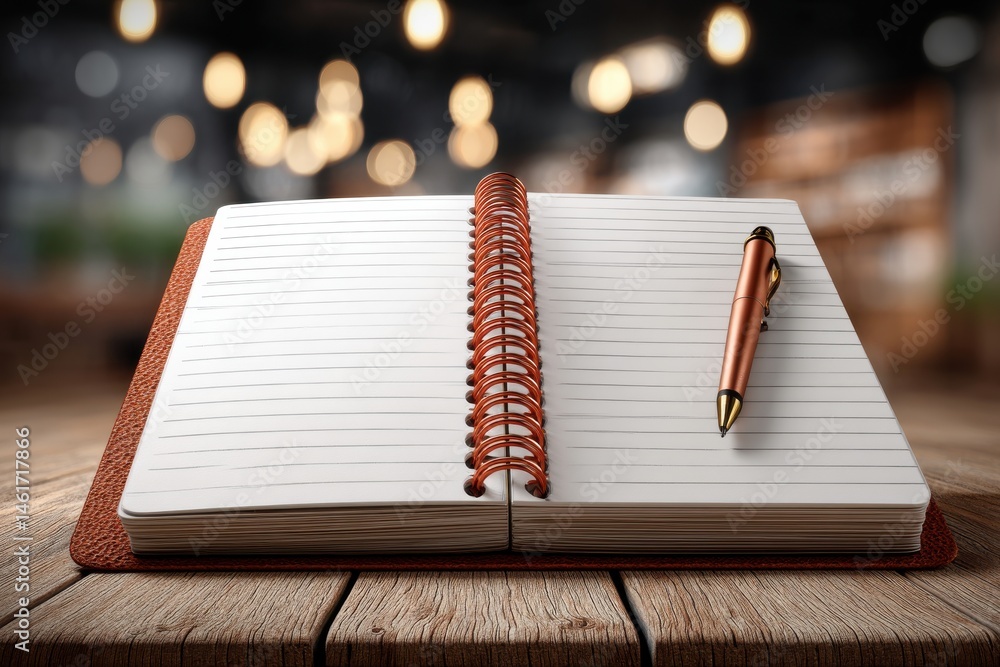 Poster an open notebook with lined pages and a pen resting on a wooden table against a blurred background, 