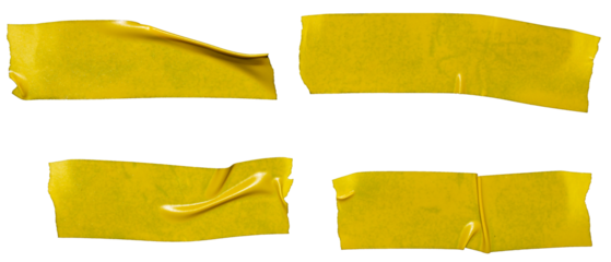 Ripped torn yellow adhesive glued tape pieces on transparent background