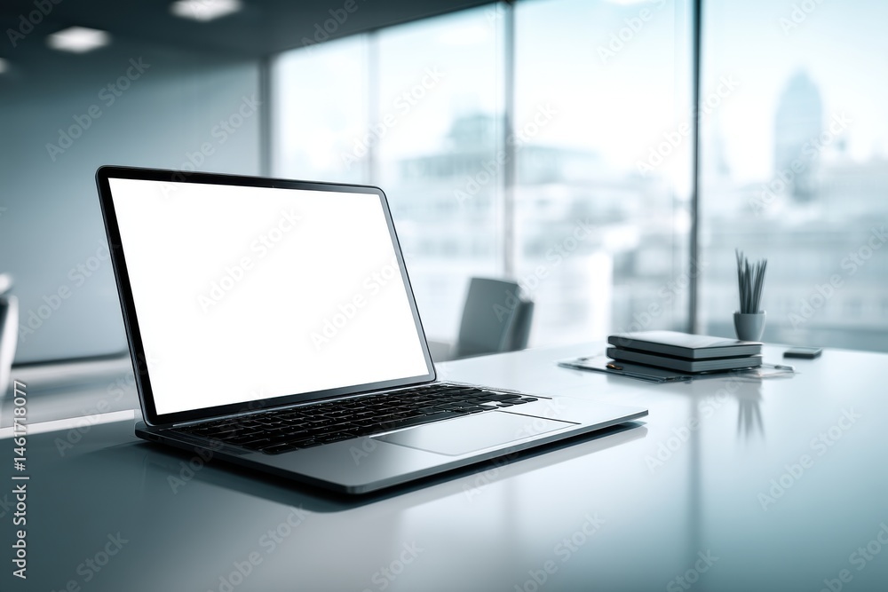 Aufkleber laptop with a blank screen on a desk in a modern office space, ready for work and projects with a sl