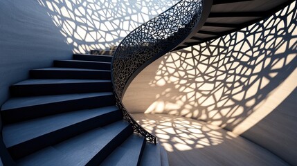 Obraz premium Modern spiral staircase with intricate metal railing casting geometric shadows on a curved wall.