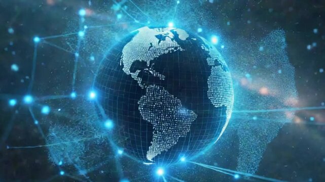 stunning futuristic rotating digital globe viewed from space, covered in interconnected glowing network lines and nodes, symbolizing global communication and data exchange.