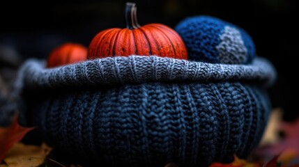 Autumnal pumpkins nestled in a cozy knitted basket