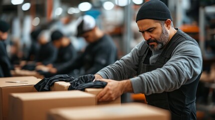 Focused Worker Packing Clothes in Cardboard Boxes at a Warehouse