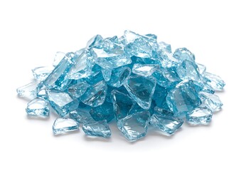 Obraz premium A pile of translucent light blue decorative glass pieces on a white background surface view from above