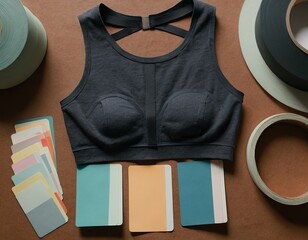 Stylish black sports bra surrounded by color swatches on a textured background.