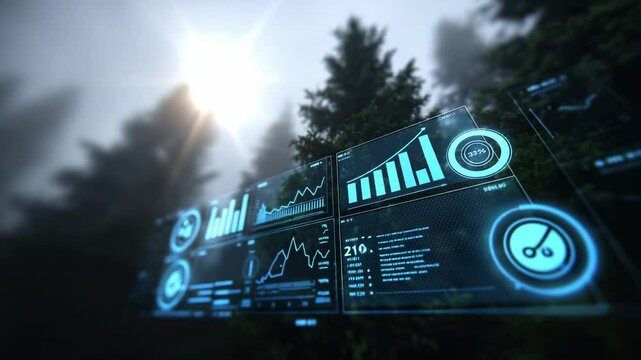 Holographic data displays are showcased amidst tall trees in a serene forest environment. Sunlight filters through the foliage, emphasizing the high-tech visuals and patterns