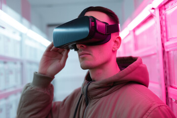 Man wearing virtual reality headset explores futuristic, high tech environment with pink neon lighting, experiencing immersive digital technology and innovation