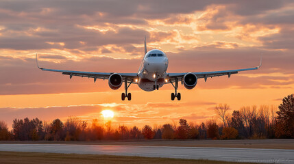 Fototapeta premium Airplane landing at sunset