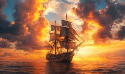 Obraz premium Majestic sailing ship at sunset with dramatic clouds and vibrant colors
