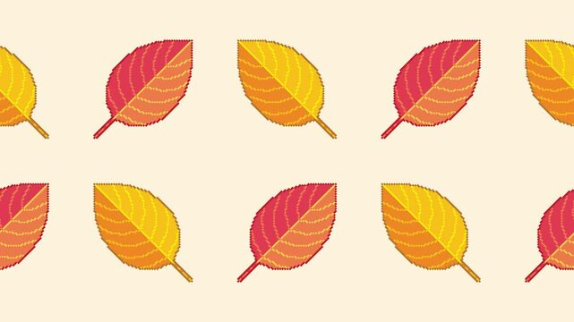 Animated seamless loop of pattern with red and yellow pixel leaves. Autumn background, fall season animation.