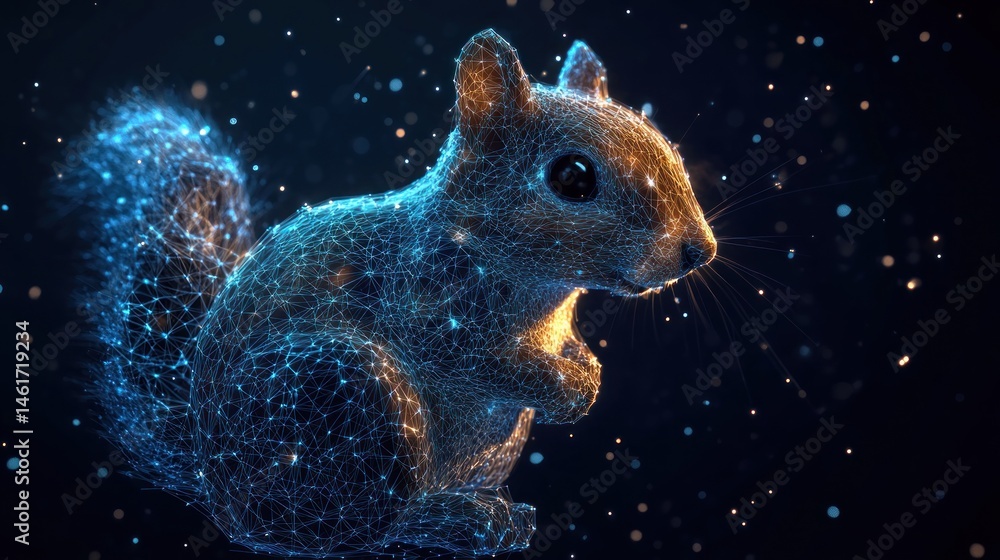 Poster abstract polygonal wireframe squirrel with glowing particles on dark background.