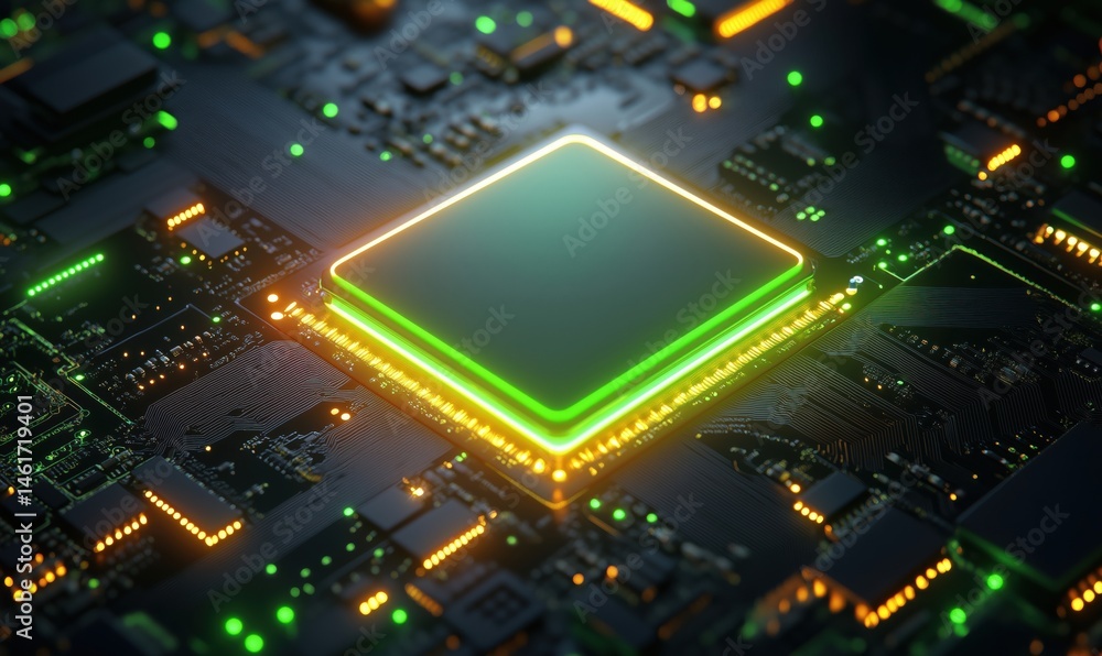 Poster high-tech microprocessor on circuit board with glowing lights and intricate details