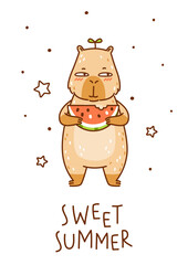 Cute сartoon capybara with watermelon isolated on white background - funny animal for Your happy summer greeting card design