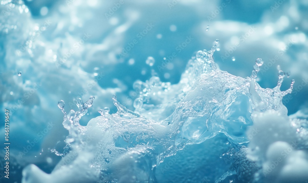 Poster dynamic water splash with bubbles creating a vibrant blue background