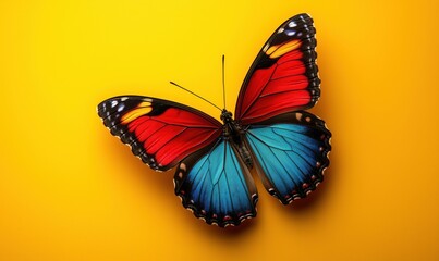Obraz premium Vibrant blue and red butterfly on bright yellow background showcasing intricate wing patterns